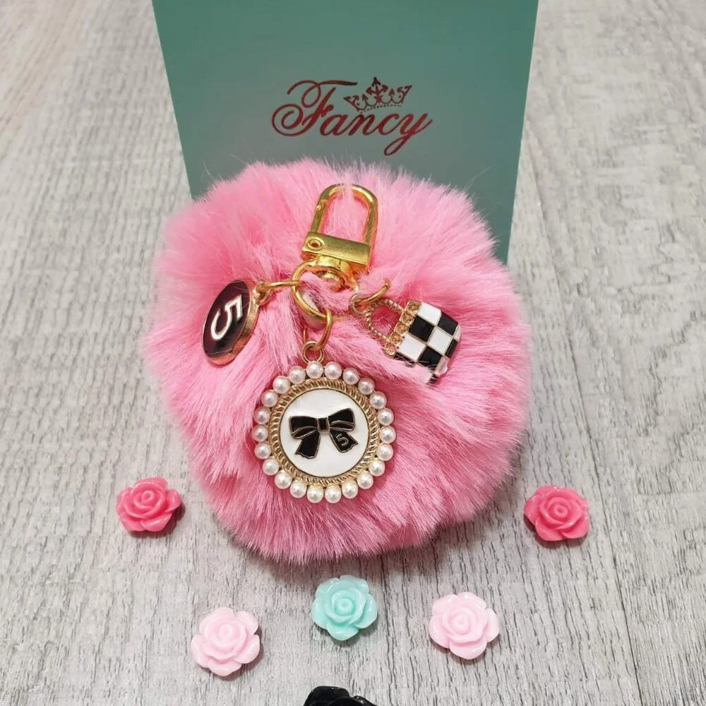 Women Pink Charms Pom Pom Key Chain Key Ring Handbag Purse Pendant Accessory